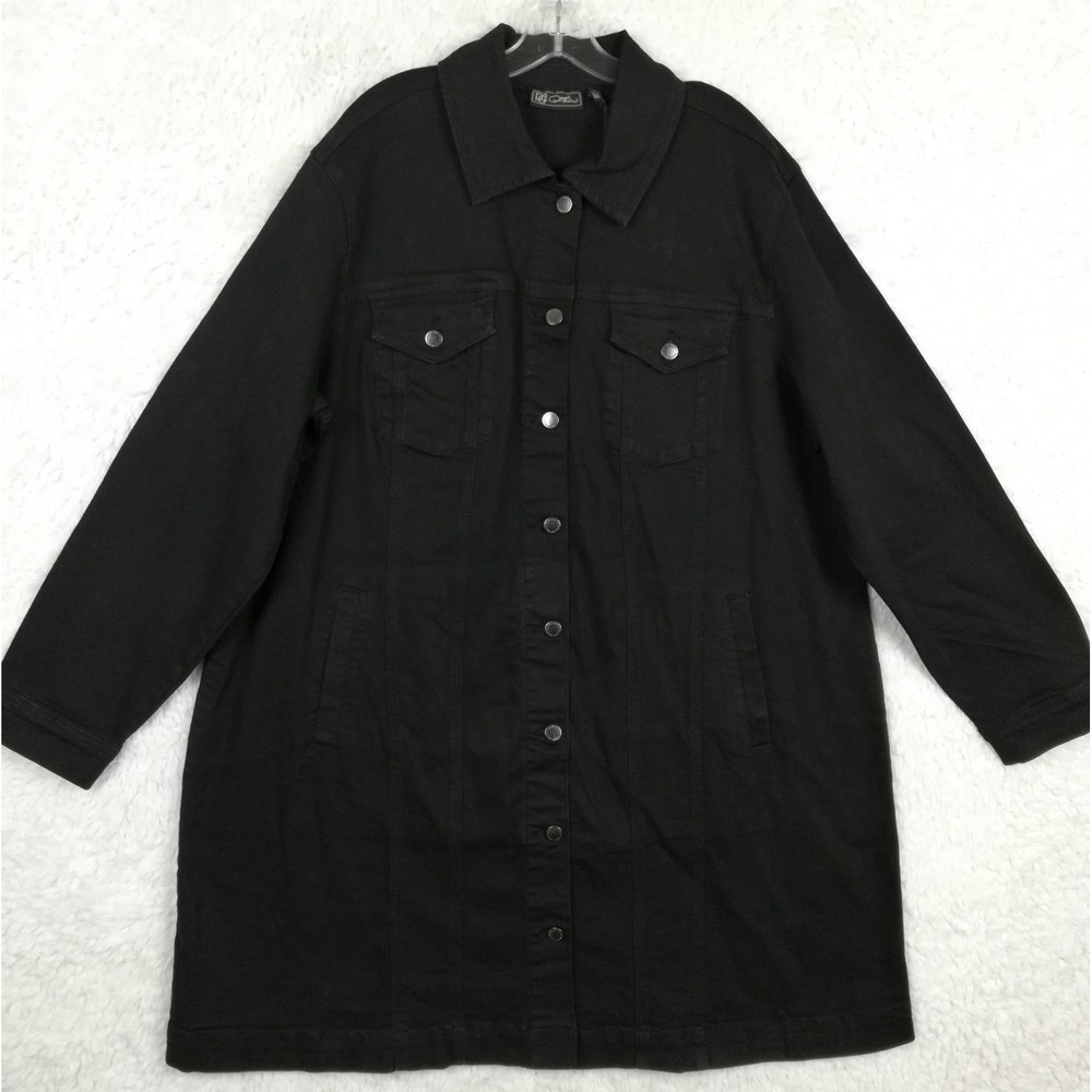 DG2 Womens Car Coat Stretch Denim Longline Black Button Front Plus 2X New